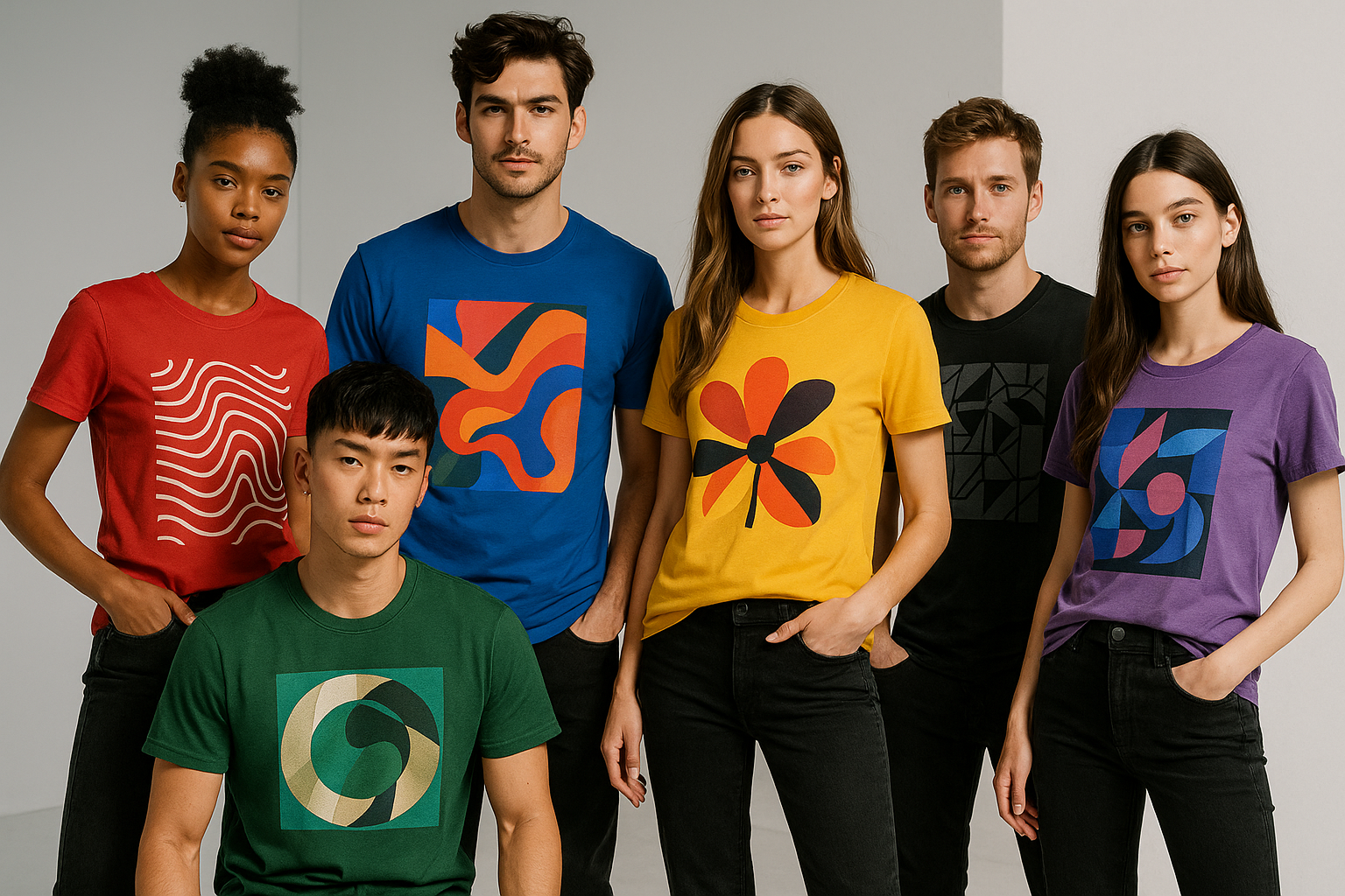 Generate the image of the models wearing the T-shirt of my brand maverick Royale in different colors there should be around 5 to 6 models female and male they must wear the printed T-shirts that I have uploaded on my website power on my store do not use any specific logo on the T-shirts